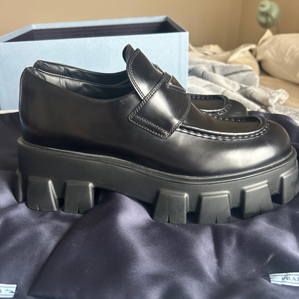 Prada Brushed Leather Monolith Loafers - Picture 9 of 12